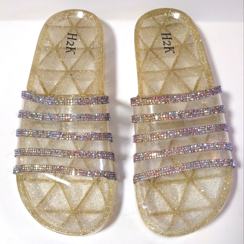H2K Women's Jelly Glitter Summer Slide Open Toe Rhinestone Sandals Size 8 Gold - Picture 5 of 8